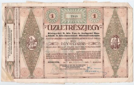 Diósgyőr 1941. 'Diósgyőri Magyar Királyi Vas- és Acélgyári Munkások és Alkalmazottak Hitelszövetkezete' üzletrészjegye 40P-ről szelványekkel T:III szakadások