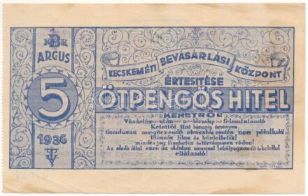 1937. Nagykőrösi Bevásárlási Központ értesítése 5P hitel keretről, kék színben, hátoldalán bélyegzéssel T:III fo.