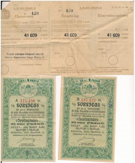 1928. 'Az 50. Jubileumi Magyar Kir. Állami Sorsjáték' 1/2 'B' sorsjegy 30.000P nyereménnyel (2x), elismervényekkel és leírással, eredeti felbélyegzett postai borítékban T:II-III