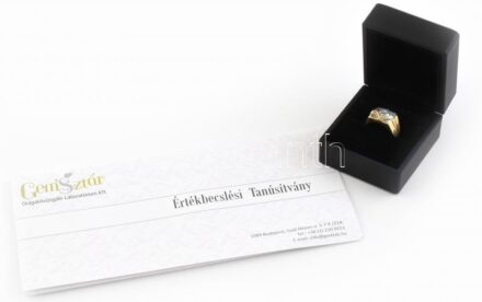 Arany (Au/18k) Férfi pecsétgyűrű, 4db Princess csiszolású brillel, össz. cca. 0.8ct, 12db modern csiszolású brill össz. cca. 0,24ct. Bruttó: 13,5g, m:64, jelzett. Certifikáttal. Világítós ékszertartóban.