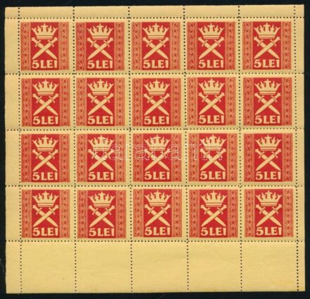 Románia 1919 Sibiu (Nagyszeben) 5L helyi illetékbélyeg kisív