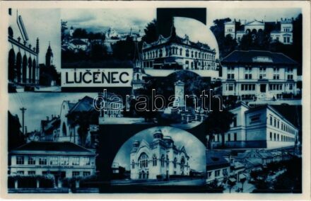 1938 Losonc, Lucenec; mozaiklap zsinagógával / multi-view postcard with synagogue + '1938 Losonc visszatért' So. Stpl.