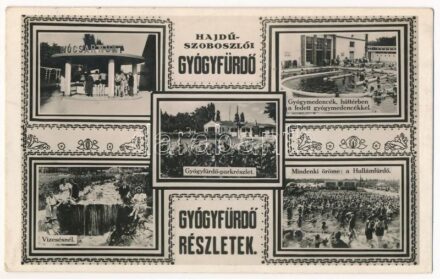 1944 Hajdúszoboszló, gyógyfürdő, ivócsarnok, park, vízesésnél, mindenki öröme a hullámfürdő, gyógymedencék (ragasztónyom / gluemark)
