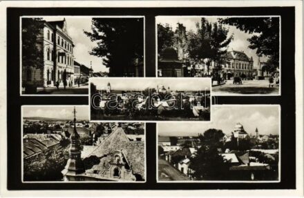 1938 Losonc, Lucenec; mozaiklap zsinagógával / multi-view postcard with synagogue + '1938 Losonc visszatért' So. Stpl.