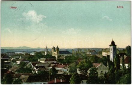 1914 Léva, Levice; látkép zsinagógával. Dukesz Lipót kiadása / general view with synagogue (vágott / cut)