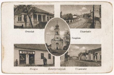 Berettyószéplak, Bihar-Széplak, Széplak, Suplacu de Barcau; orvoslak, templom, utca, Hangya üzlete / doctor's house, church, street, shop (kopott / worn)