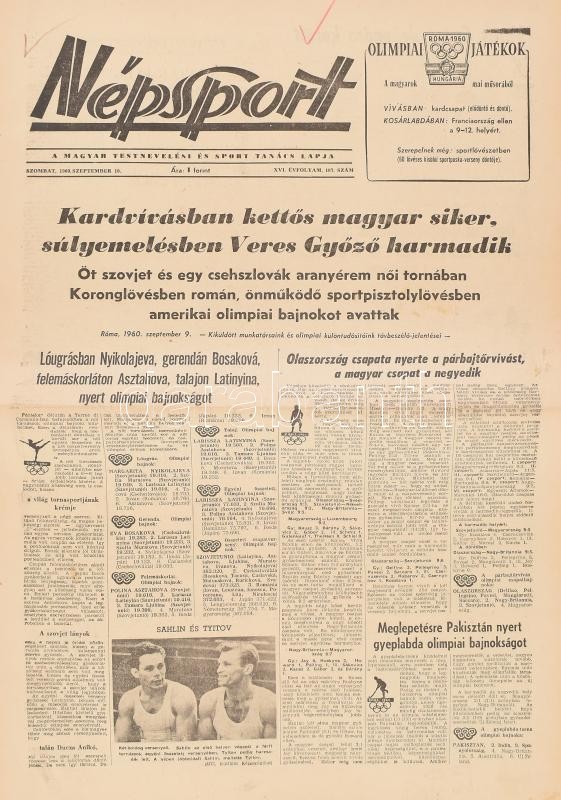 1960 Népsport 14 száma: 1960. szept. 1. - 14. XVI. évf. 178. sz. - 191. sz. Bennük a XVII. nyári olimpiai játékok, a római olimpia híreivel. Kárpáti Rudolf kardvívó és a férfi kardcsapat, a férfi öttusa csapat és Németh Ferenc - Image 3