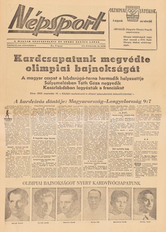 1960 Népsport 14 száma: 1960. szept. 1. - 14. XVI. évf. 178. sz. - 191. sz. Bennük a XVII. nyári olimpiai játékok, a római olimpia híreivel. Kárpáti Rudolf kardvívó és a férfi kardcsapat, a férfi öttusa csapat és Németh Ferenc - Image 4