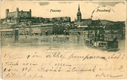 1900 Pozsony, Pressburg, Bratislava; látkép, vár, gőzhajó. Lusztig Ármin / general view, castle, steamship (r)