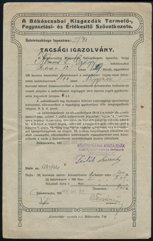 1920 Békéscsabai Kisgazdák Termelő-, Fogyasztási- és Értékesítő Szövetkezete, tagsági igazolvány, hajtásnyommal, törésnyomokkal, kissé foltos, 29x18 cm