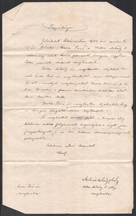 1922 Békéscsaba, jegyzőkönyv lovagias ügyekben, egyik fél t. alhadnagy, felterjesztve m. kir katonai állomásparancsnokságnak, 3 példányban