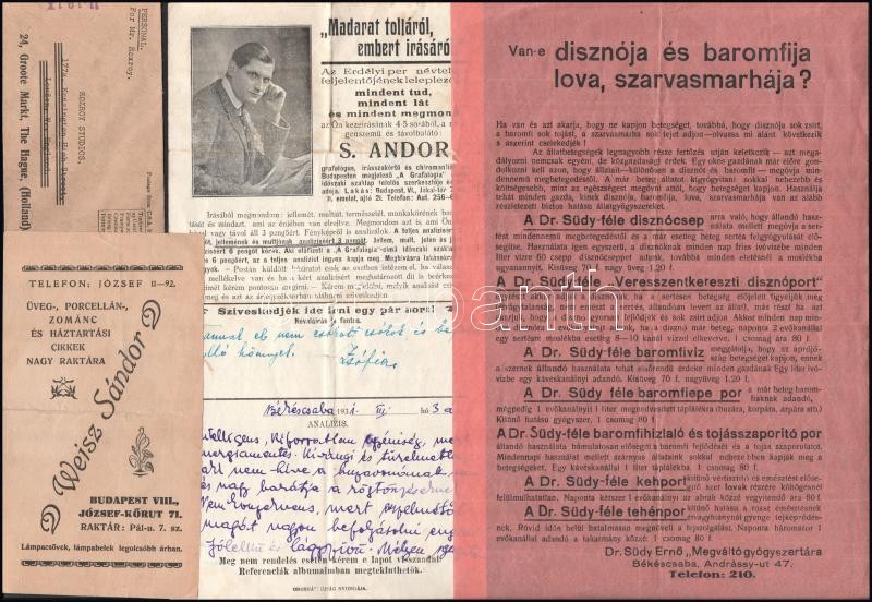 cca 1910-40 vegyes reklám nyomtatvány tétel, össz. 9 db: Hauer Békéscsaba (3 db); Dr. Südy Ernő Megváltó Gyógyszertára Békéscsaba; Weisz Sándor Bp., József-krt 71., stb, hajtásnyomokkal, részben kisebb szakadásokkal, klf. - Image 2