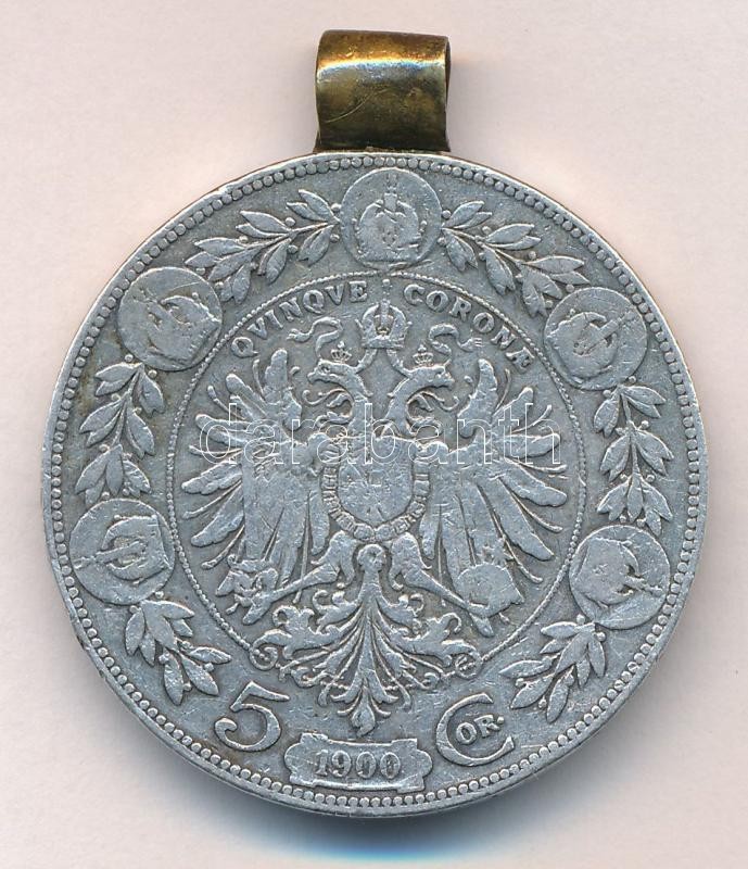 Ausztria 1900. 5K Ag 'Ferenc József' füllel medállá alakítva T:3 Austria 1900. 5 Corona 'Franz Joseph' with ear C:F Krause KM#2807 - Image 2