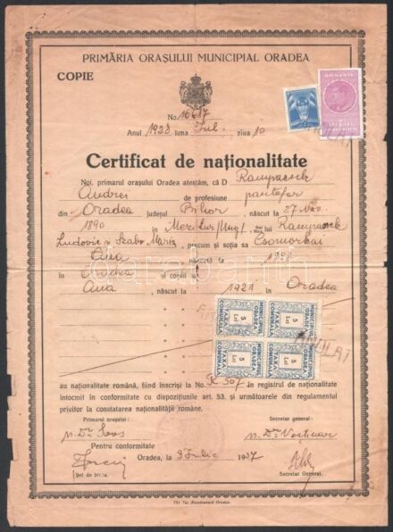 1937 Születési anyakönyvi kivonat illetékbélyegekkel