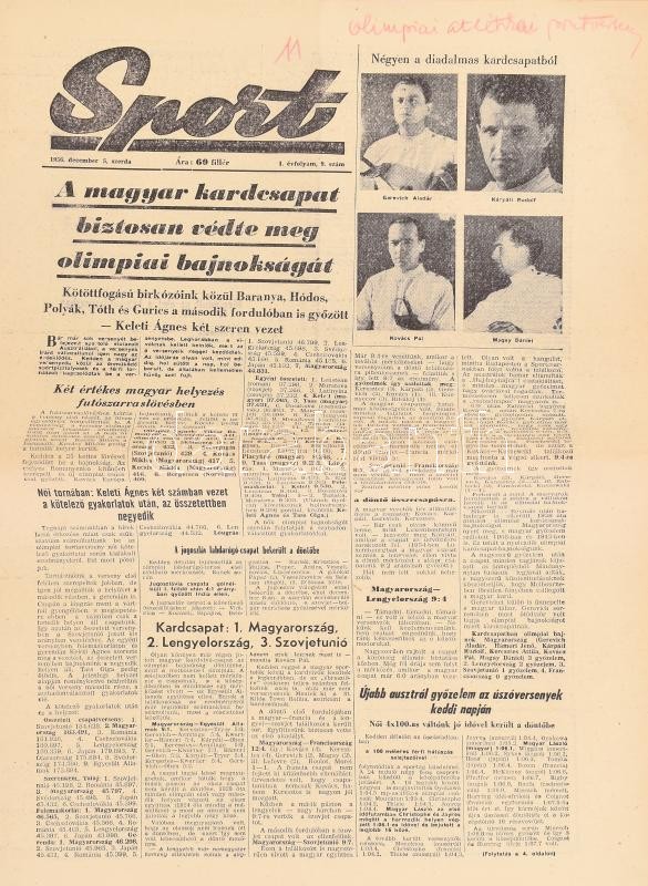 1956 Sport 25 száma: I. évf. 2.-22,24-27. sz. 1956. nov. 27. - dec. 31. Bennük a XVI. nyári olimpia, a Melbourne-i olimpia híreivel, Urányi János-Fábián László kajak-kenu, Papp László ökölvívó, Kárpáti Rudolf vívó és a - Image 4