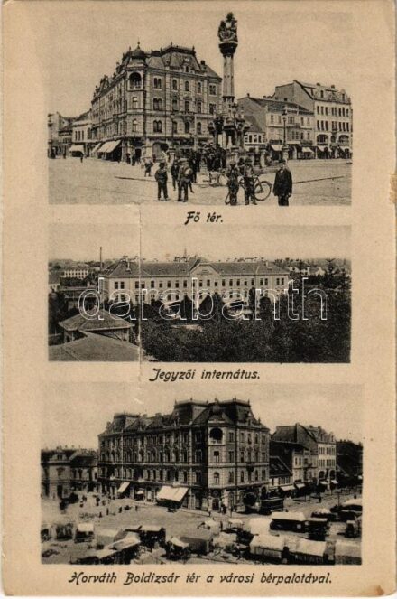 Szombathely, Fő tér, üzletek, Jegyzői internátus, Horváth Boldizsár tér, Városi bérpalota, piac, villamos - leporellófüzetből / from leporello booklet (non PC) (b)