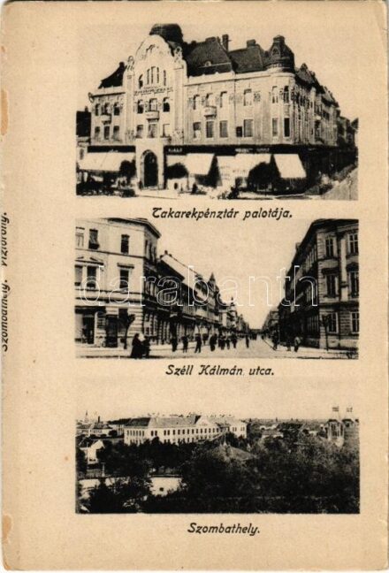 Szombathely, Takarékpénztár palotája, üzletek, Széll Kálmán utca - leporellófüzetből / from leporello booklet (szakadás / tear)