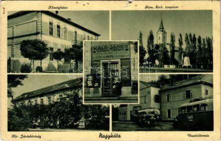 1942 Nagykáta, Községháza, Római katolikus templom, Kir. Járásbíróság, Vasútállomás, Káló János dohánytőzsde üzlete és saját kiadása (b)