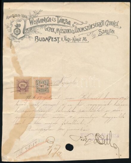 1901 Wohanka és Társa gépek, műszaki és üzemszükségleti cikkek fejléces számla