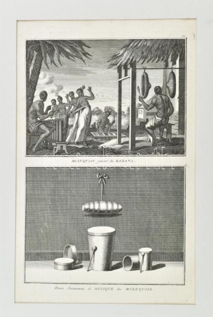 1778 Zeneszerszámok Szomáliából Diderot D'Alembert természettudományi művéből származó rézmetszet 34x21 cm Paszpartuban