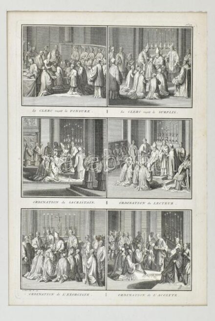 1778 Felszentelések, az ördögűző, az olvasó, az akolitus, stb. Diderot D'Alembert természettudományi művéből származó rézmetszet 34x21 cm Paszpartuban