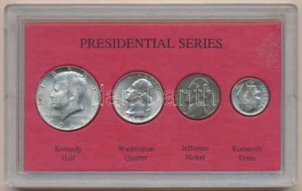 Amerikai Egyesült Államok 1964. 1/2$ Ag 'Kennedy' + 1959. 1/4$ Ag 'Washington' + 1945D 5c Ag 'Jefferson' + 1944. 1d Ag 'Roosevelt', a négy érme együtt 'Presidential Series' plasztiktokban T:2-3 patina USA 1964. 1/2 Dollar Ag 'Kennedy' + 1959.