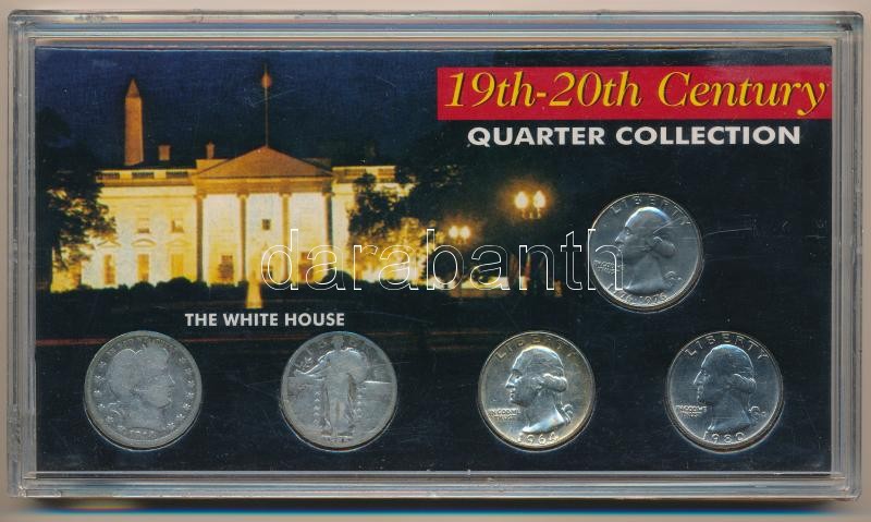 Amerikai Egyesült Államok 1914. 1/4$ Ag 'Barber' + 1925. 1/4$ Ag 'Standing Liberty' + 1964. 1/4$ Ag 'Washington' + 1976D 1/4$ Cu-Ni 'A Függetlenségi Nyilatkozat 200. évfordulója' + 1980. 1/4$ Cu-Ni 'Washington' az öt érme együtt '19th-20th