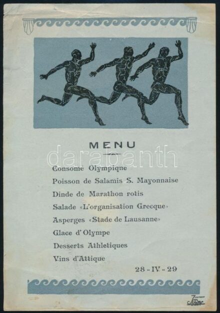 1929 A görög olimpia bizottság vacsorájának menükártyája, kissé sérült / Menu card of the Hellenic Olympic Athletic Committe 14x20 cm