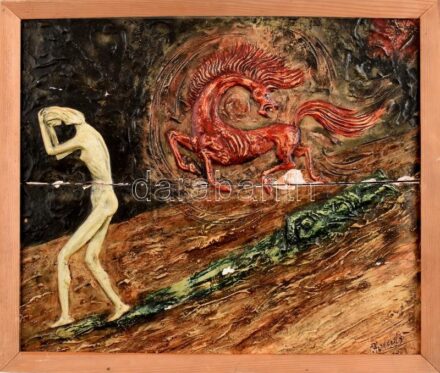 Jandó Tibor (?-): Tűzlovas. Kerámia, gipsz, hidegen festve, jelzett. Sérült!!! Fa keretben, jelzett, 34x40 cm