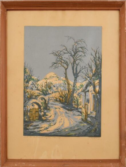 Török Endre (1926-1980): Út a Börzsönybe. Linómetszet, papír, jelzett. Számozott (100/17). Üvegezett fa keretben, lap széle kissé foltos. 36×27 cm