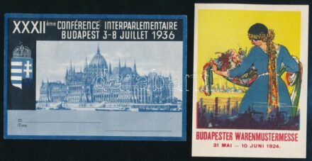 cca 1924-1936 2 db Budapest témájú reklám, aprónyomtatvány: Budapester Warenmustermesse (Budapesti Mintaáruvásár) 1924, 12×9 cm, apró gyűrődéssel + Conféence interparlemantaire Budapest, 1936, 9,5x14 cm