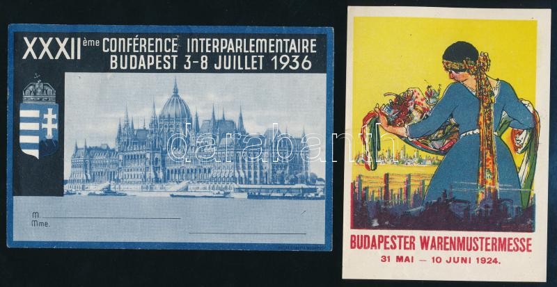 cca 1924-1936 2 db Budapest témájú reklám, aprónyomtatvány: Budapester Warenmustermesse (Budapesti Mintaáruvásár) 1924, 12×9 cm, apró gyűrődéssel + Conféence interparlemantaire Budapest, 1936, 9,5x14 cm