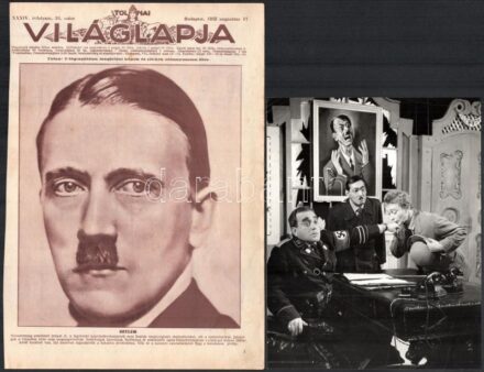 cca 1970 Hitler karikatúra a falon, az előtérben Márkus László színművész, vintage fotó, a kép felső részén törések, + hozzáadva a Tolnai Világlapja 1932 aug. 17. számának címlapját, amelyen Hitler egész oldalas portréja