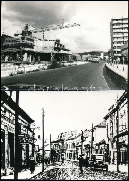 1922 és 1962 Veres Mihály (?-?) salgótarjáni fotóművész hagyatékából, pecsétjével jelzett, 2 db vintage fotó a város fejlődéséről, 14,6x21 cm