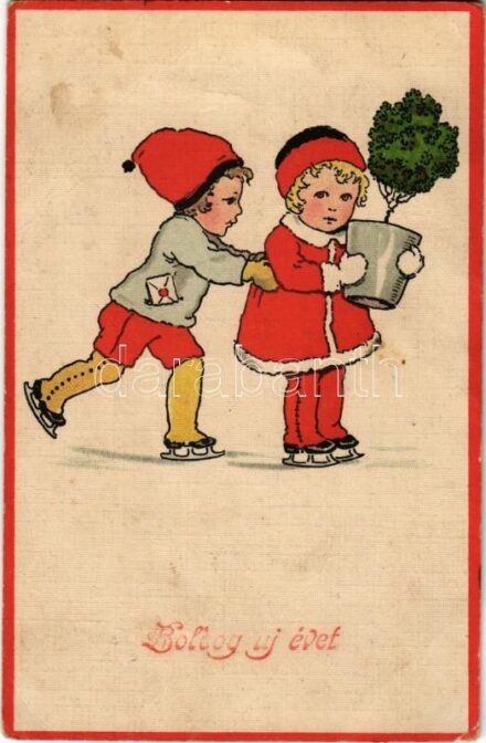 Boldog Újévet! / Children art postcard with New Year greeting, ice skate. EAS 4742. (r)