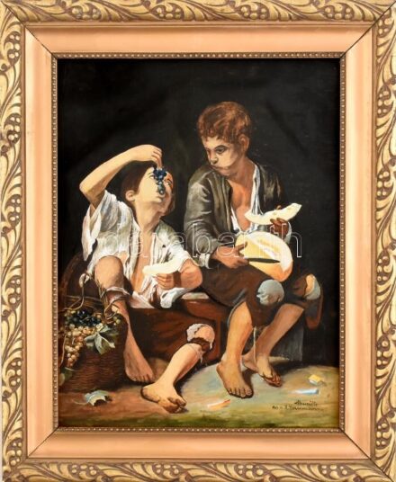Murillo után, R. Baumann jelzéssel: Dinnyeevők. Olaj, karton. Dekoratív fa keretben. 38,5x30 cm