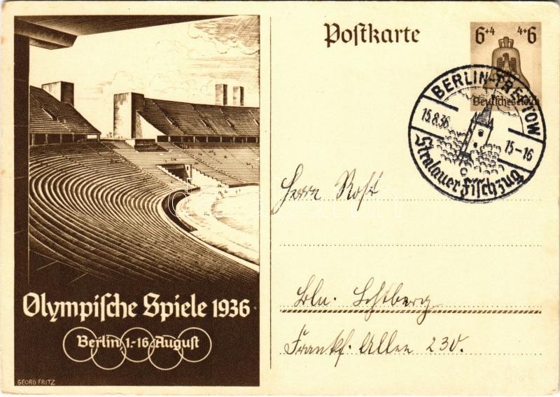 1936 Olympische Spiele Berlin / XI Olympiad / Summer Olympics, Olympic Games in Berlin; 6+4 Ga. s: Georg Fritz + '1936 Berlin-Treptow Stralauer Fischzug' So. Stpl. (EK)