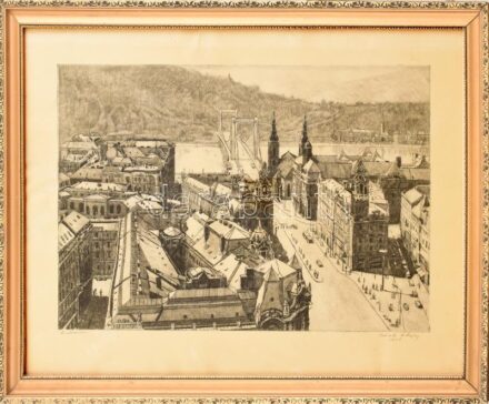 Csisztu Mihály (1933-2008): Budapest, belváros. Rézkarc, papír, jelzett. Dekoratív, üvegezett fa keretben, 29×41 cm