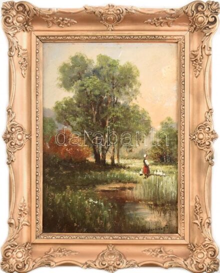 Mesterházy Dénes (1900-1949 körül): Libapásztorlány. Olaj, karton, jelzett. Dekoratív, kissé sérült fa keretben, 36×25,5 cm