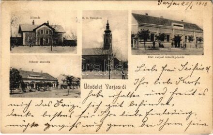 1910 Varjas, Varias; vasútállomás, Római katolikus templom, Első Varjasi Takarékpénztár, Schnur szálloda. Gillich kiadása / railway station, Catholic church, savings bank, hotel (EM)