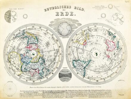 Geologie. Geschichte und physikal. Geographie in Bildern. Stuttgart, [1864]. Wilhelm Nitzschke. Zweite Auflage (2. kiadás).12 litografált tábla 31,5x24,5 mm. Hatásos színes litográf képek, világtérkép, állatfajok, vízesések, hegyek,