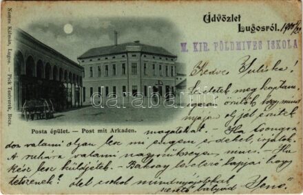 1900 Lugos, Lugoj; Posta. Nemes Kálmán kiadása / Post mit Arkaden / post office (fl)