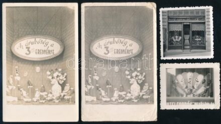 cca 1940-1950 Cipőboltok kirakatai (ifj. Segesdy Imre lábbelikészítő), 4 db fotó és fotólap, 6x6 cm, 7x5,5 cm és 14x9 cm méretben