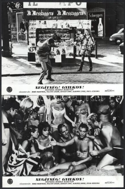 cca 1967 ,,Segítség! Gyilkos!' című olasz film jelenetei és szereplői, 9 db vintage produkciós filmfotó, kisebb hibákkal,18x24 cm