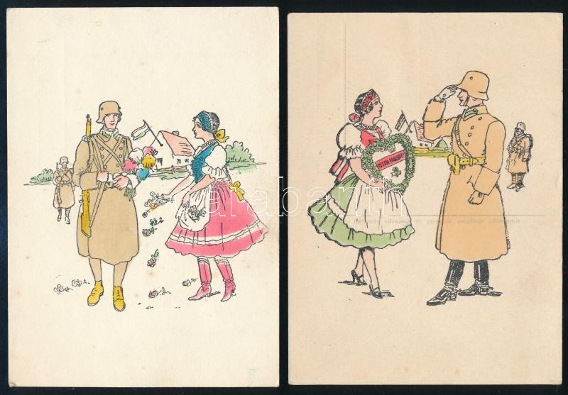 cca 1940-1941 4 db II. világháborús bevonulás témájú grafikus levelezőlap, 14,5x10 cm - Image 2