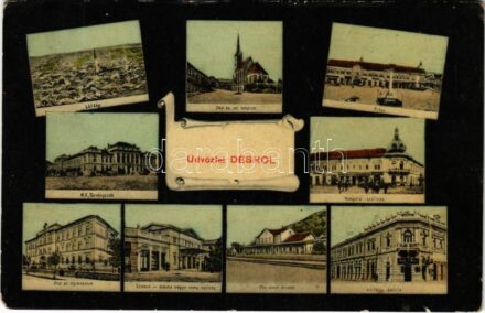 1915 Dés, Dej; látkép, Református templom, Fő tér, M. kir. Törvényszék, Hungária szálloda, üzletek, Állami főgimnázium, Szolnok-Doboka megye nemzeti színháza, Vasútállomás, Voith palota. Goldstein Jakab kiadása / general view,