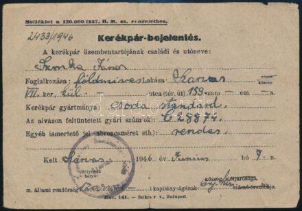 1946 Szarvas, kerékpár-bejelentőlap Csoda Standard típusú kerékpárról