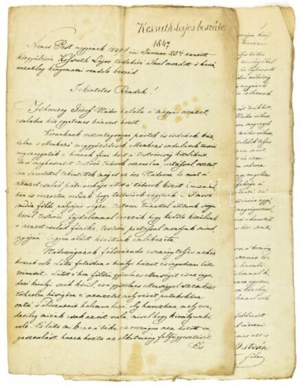 1847 Kossuth beszéde Pestmegye közgyűlésén az elhalt József nádorról és fiának, István főhercegnek nádorrá választásáról. Korabeli sokszorosított kézirat. 8p. Folio