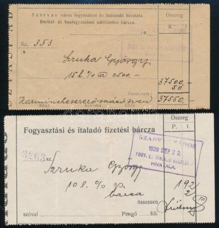 cca 1929-1943 Szarvas, Margit malma és Mária-malom szállítóbárca, fogyasztási és italadó fizetési bárca, összesen 4 db