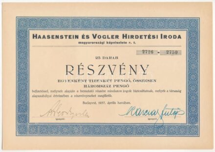 Budapest 1937. 'Haasenstein és Vogler Hirdetési Iroda' 25db részvénye egyben, összesen 300P-ről szelvényekkel T:II